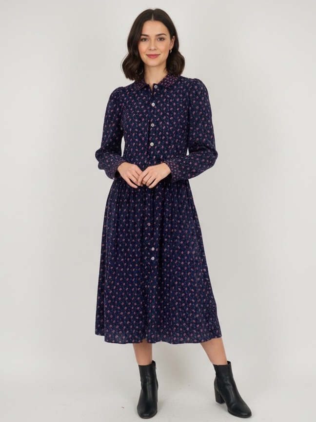 Vintage Laura Ashley, Corduroy Long-Sleeve Navy Floral Button-Front Dress